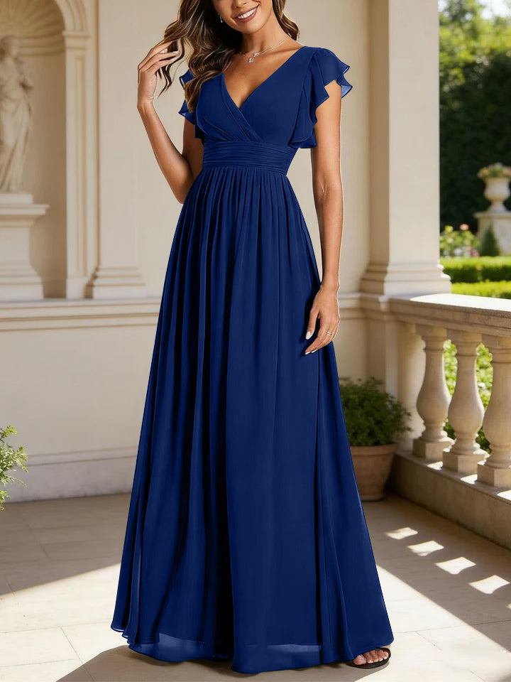 A-Line/Princess Chiffon V-Neck Bridesmaid Dresses with Ruffles Short Sleeves Floor-Length