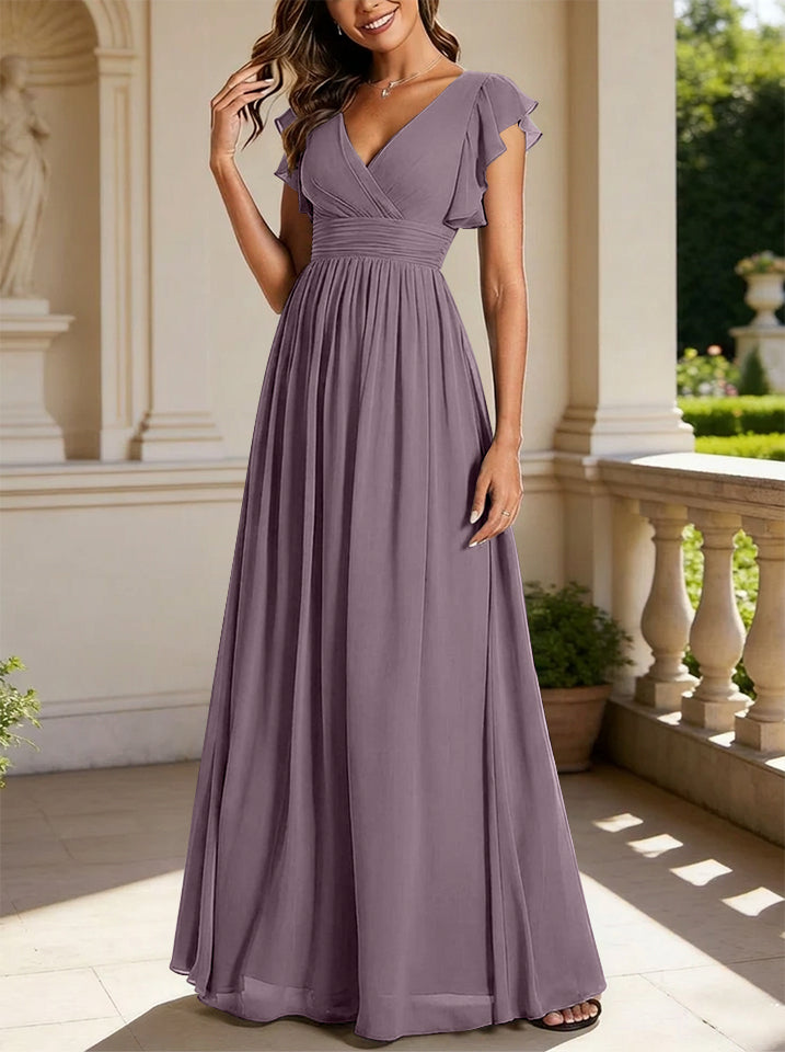 A-Line/Princess Chiffon V-Neck Bridesmaid Dresses with Ruffles Short Sleeves Floor-Length