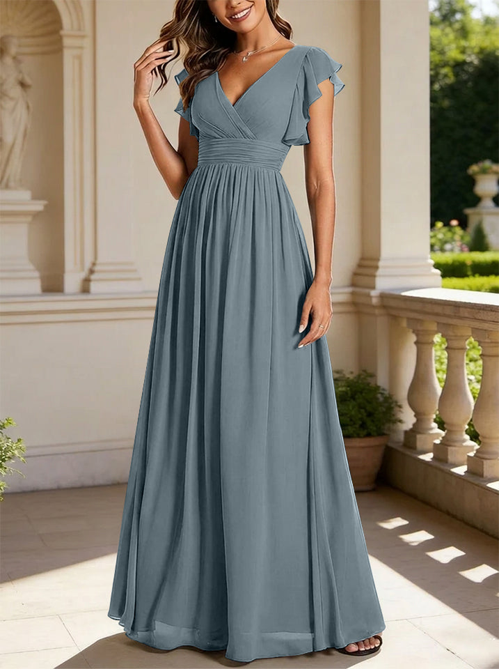 A-Line/Princess Chiffon V-Neck Bridesmaid Dresses with Ruffles Short Sleeves Floor-Length