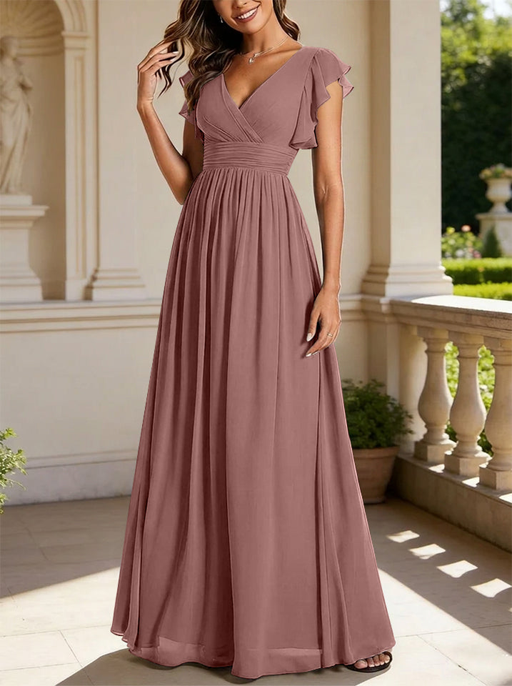 A-Line/Princess Chiffon V-Neck Bridesmaid Dresses with Ruffles Short Sleeves Floor-Length