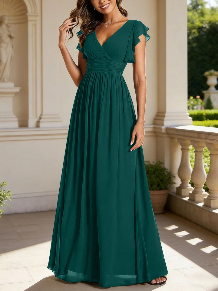A-Line/Princess Chiffon V-Neck Bridesmaid Dresses with Ruffles Short Sleeves Floor-Length