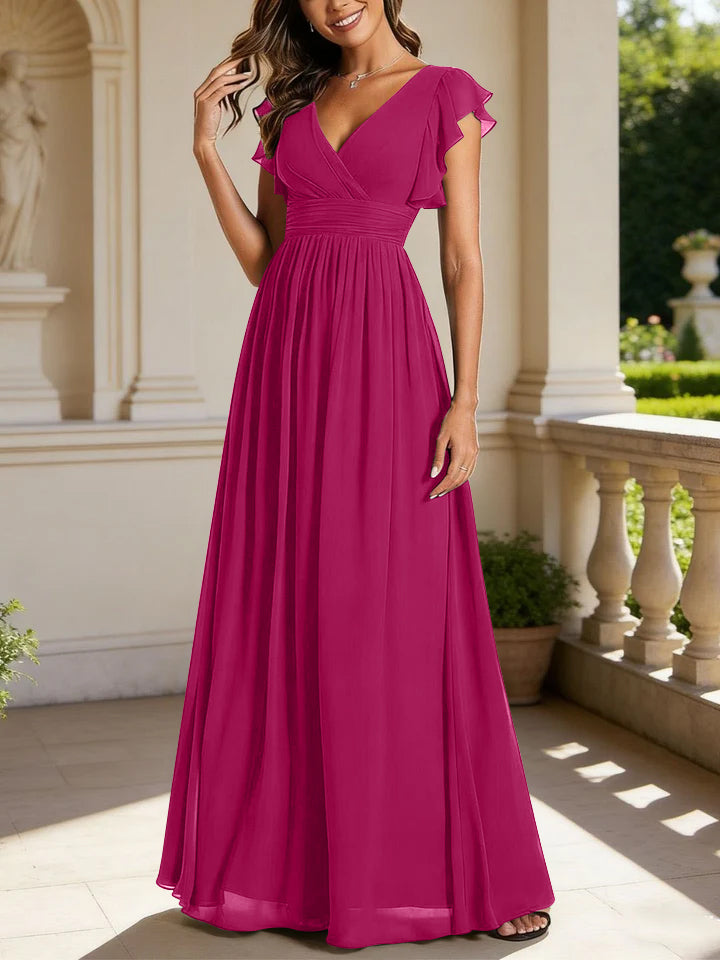 A-Line/Princess Chiffon V-Neck Bridesmaid Dresses with Ruffles Short Sleeves Floor-Length
