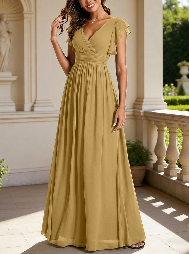 A-Line/Princess Chiffon V-Neck Bridesmaid Dresses with Ruffles Short Sleeves Floor-Length