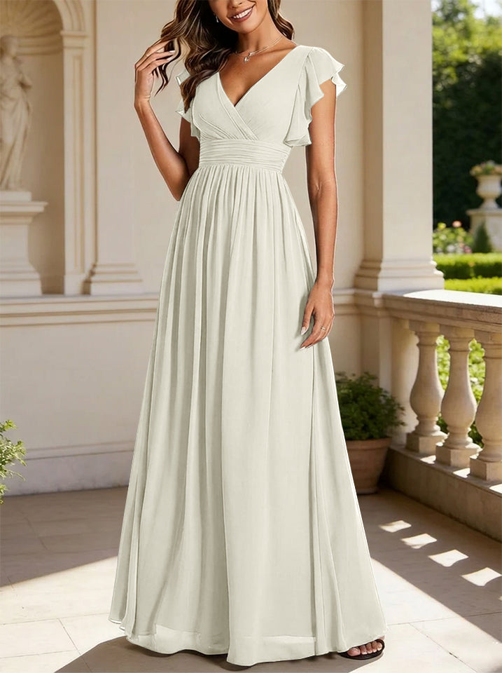 A-Line/Princess Chiffon V-Neck Bridesmaid Dresses with Ruffles Short Sleeves Floor-Length