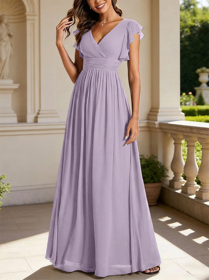 A-Line/Princess Chiffon V-Neck Bridesmaid Dresses with Ruffles Short Sleeves Floor-Length