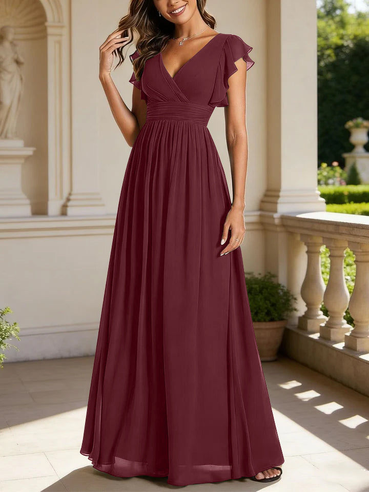 A-Line/Princess Chiffon V-Neck Bridesmaid Dresses with Ruffles Short Sleeves Floor-Length