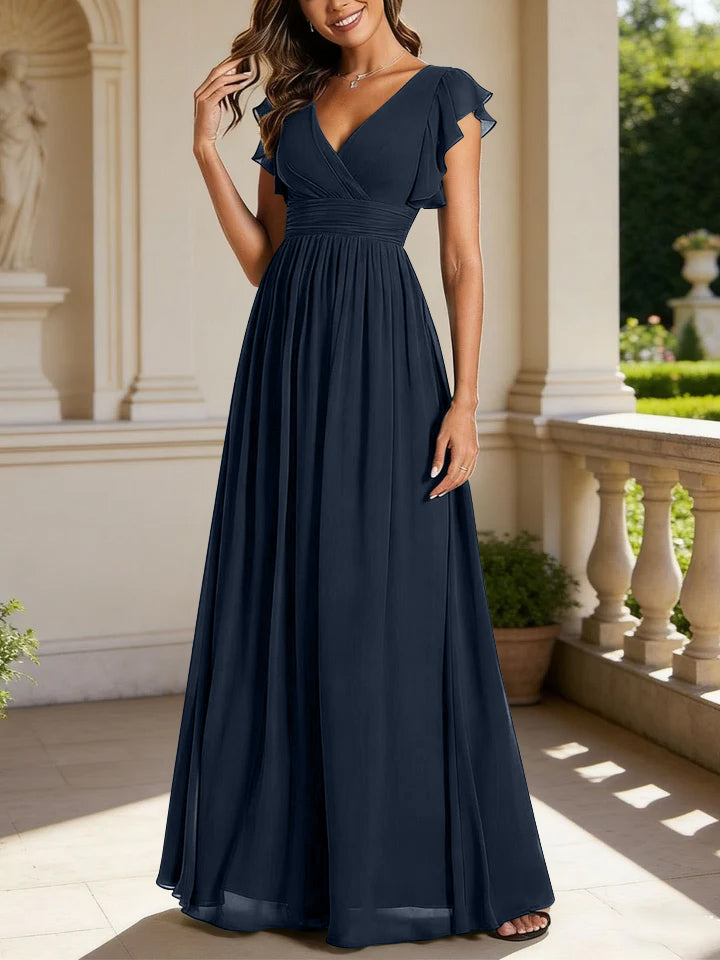 A-Line/Princess Chiffon V-Neck Bridesmaid Dresses with Ruffles Short Sleeves Floor-Length