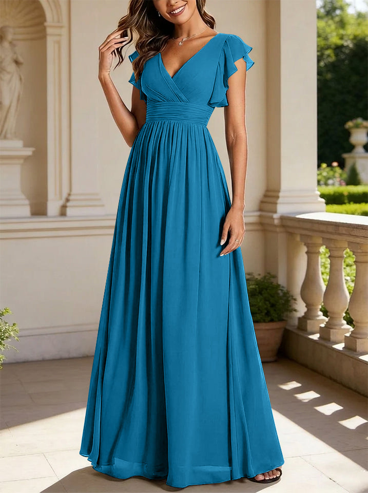 A-Line/Princess Chiffon V-Neck Bridesmaid Dresses with Ruffles Short Sleeves Floor-Length