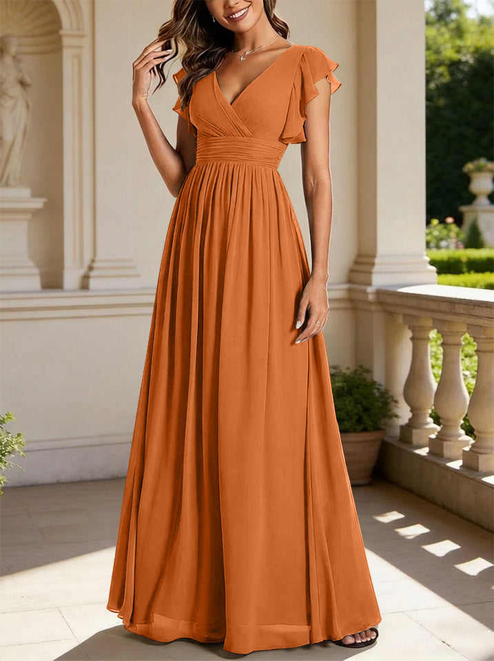 A-Line/Princess Chiffon V-Neck Bridesmaid Dresses with Ruffles Short Sleeves Floor-Length