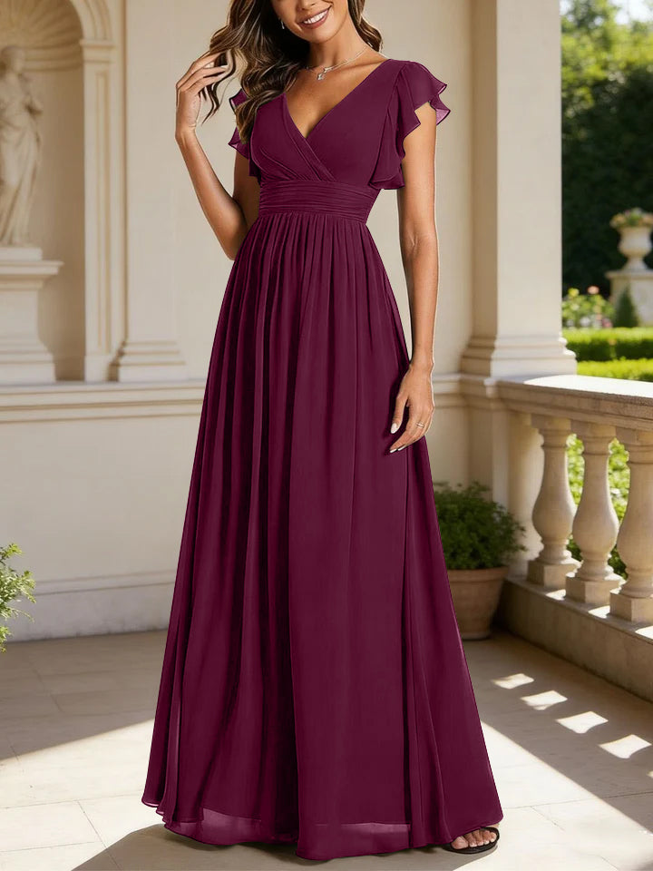 A-Line/Princess Chiffon V-Neck Bridesmaid Dresses with Ruffles Short Sleeves Floor-Length