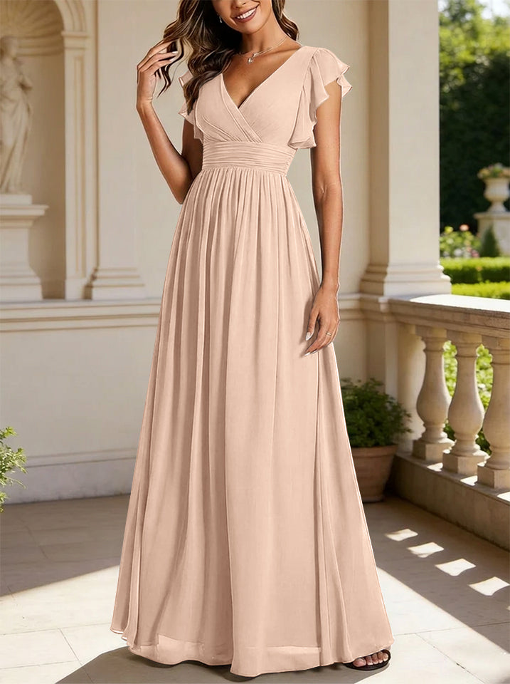 A-Line/Princess Chiffon V-Neck Bridesmaid Dresses with Ruffles Short Sleeves Floor-Length