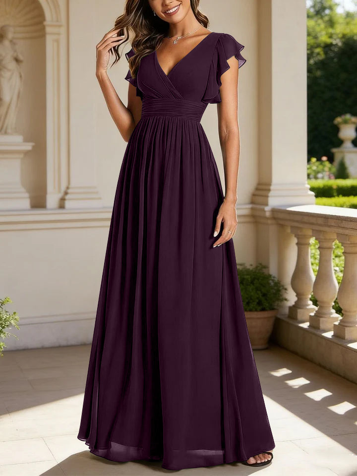A-Line/Princess Chiffon V-Neck Bridesmaid Dresses with Ruffles Short Sleeves Floor-Length
