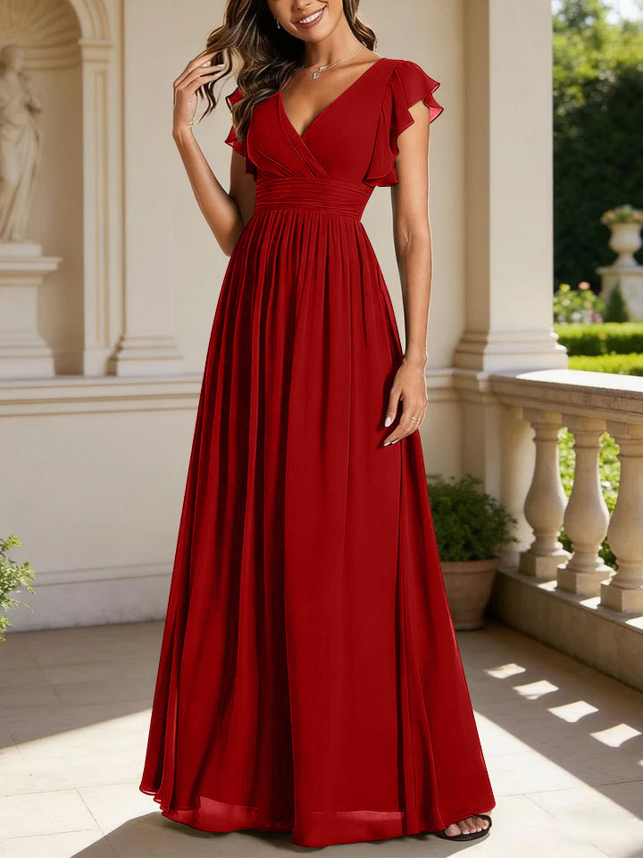 A-Line/Princess Chiffon V-Neck Bridesmaid Dresses with Ruffles Short Sleeves Floor-Length