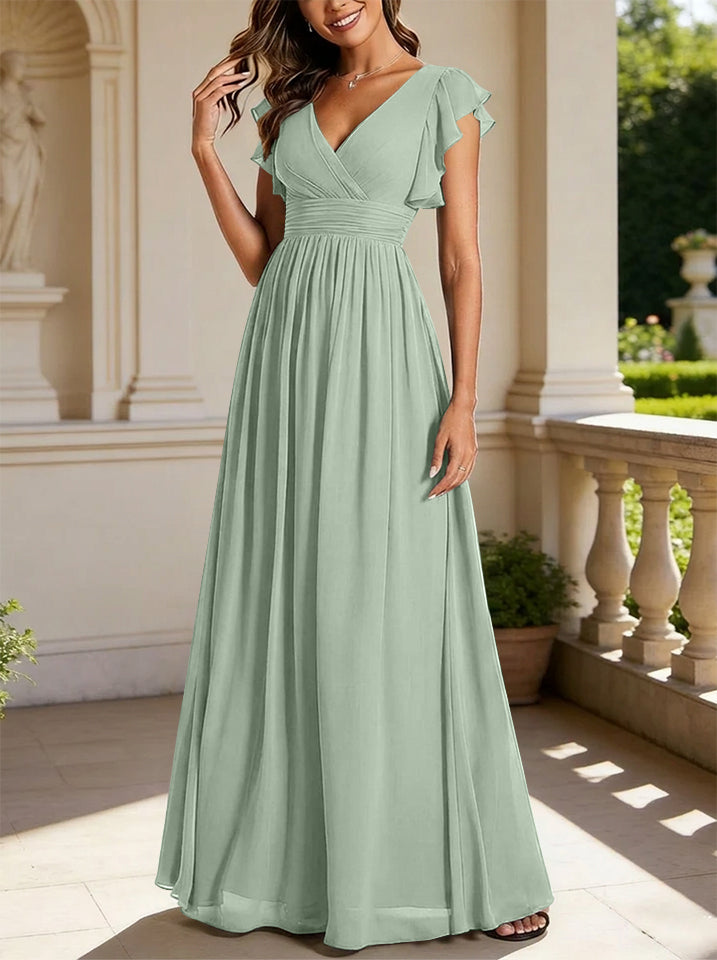 A-Line/Princess Chiffon V-Neck Bridesmaid Dresses with Ruffles Short Sleeves Floor-Length