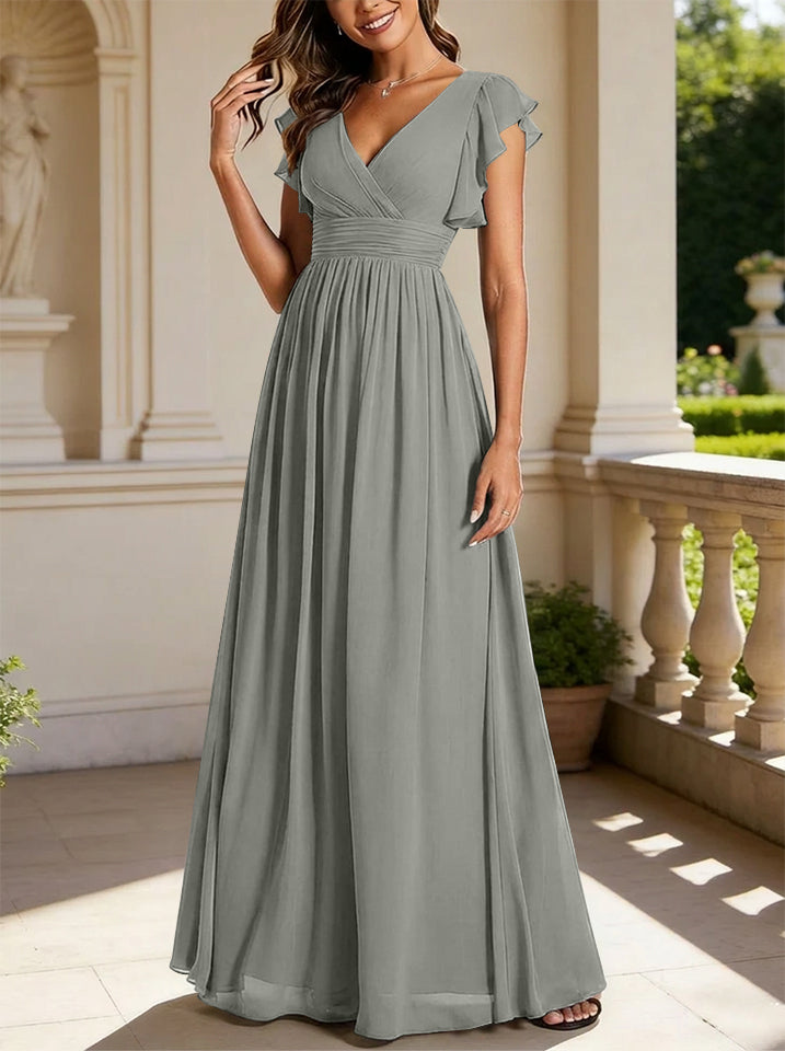 A-Line/Princess Chiffon V-Neck Bridesmaid Dresses with Ruffles Short Sleeves Floor-Length
