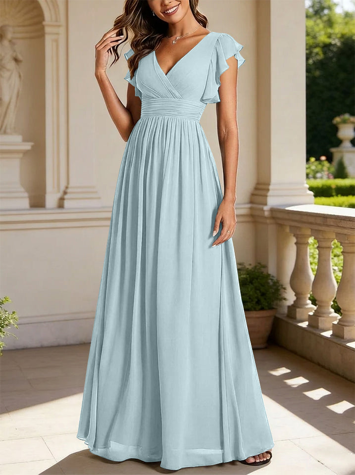 A-Line/Princess Chiffon V-Neck Bridesmaid Dresses with Ruffles Short Sleeves Floor-Length