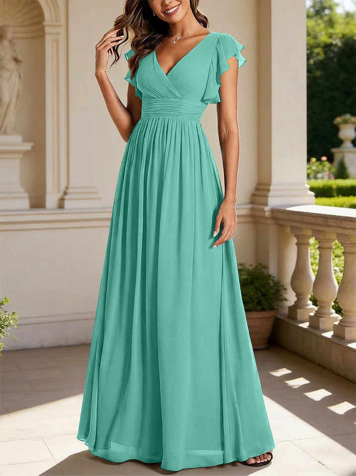 A-Line/Princess Chiffon V-Neck Bridesmaid Dresses with Ruffles Short Sleeves Floor-Length
