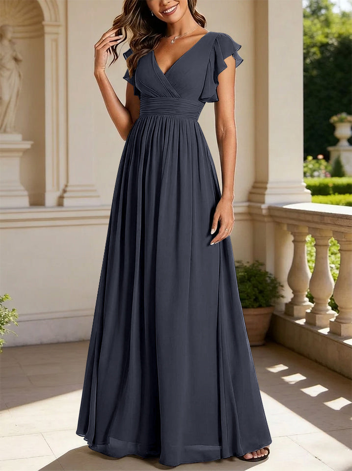 A-Line/Princess Chiffon V-Neck Bridesmaid Dresses with Ruffles Short Sleeves Floor-Length