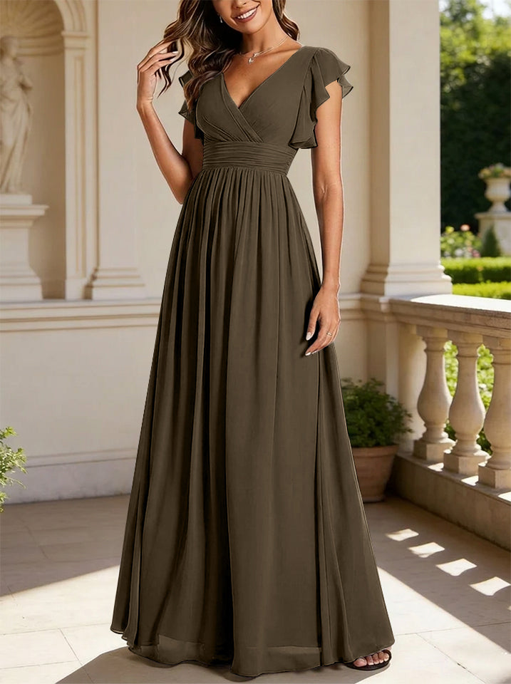 A-Line/Princess Chiffon V-Neck Bridesmaid Dresses with Ruffles Short Sleeves Floor-Length