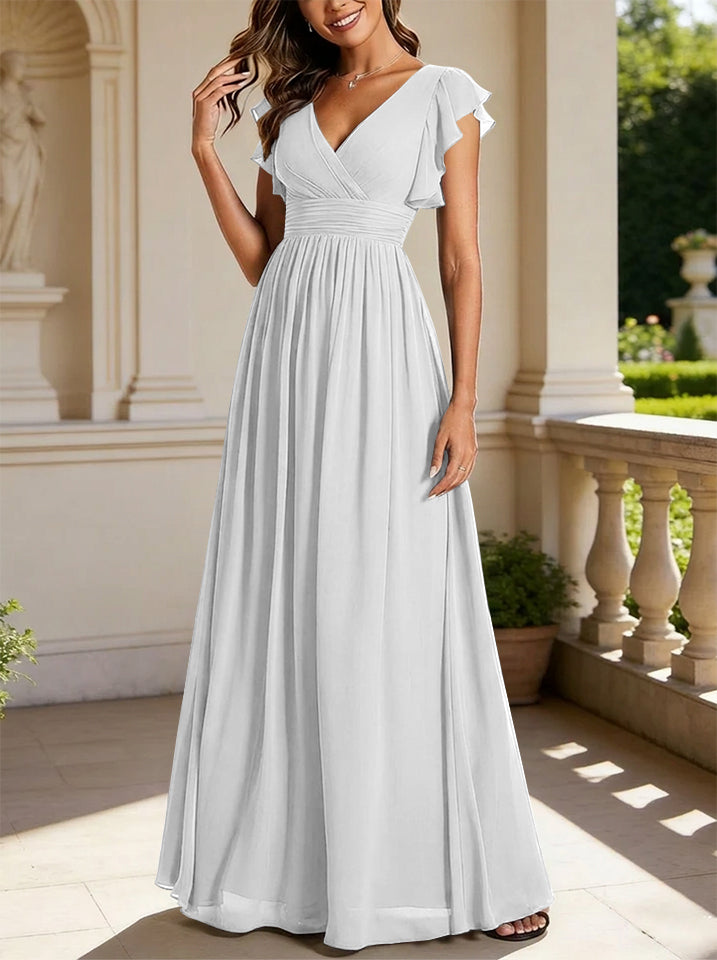 A-Line/Princess Chiffon V-Neck Bridesmaid Dresses with Ruffles Short Sleeves Floor-Length