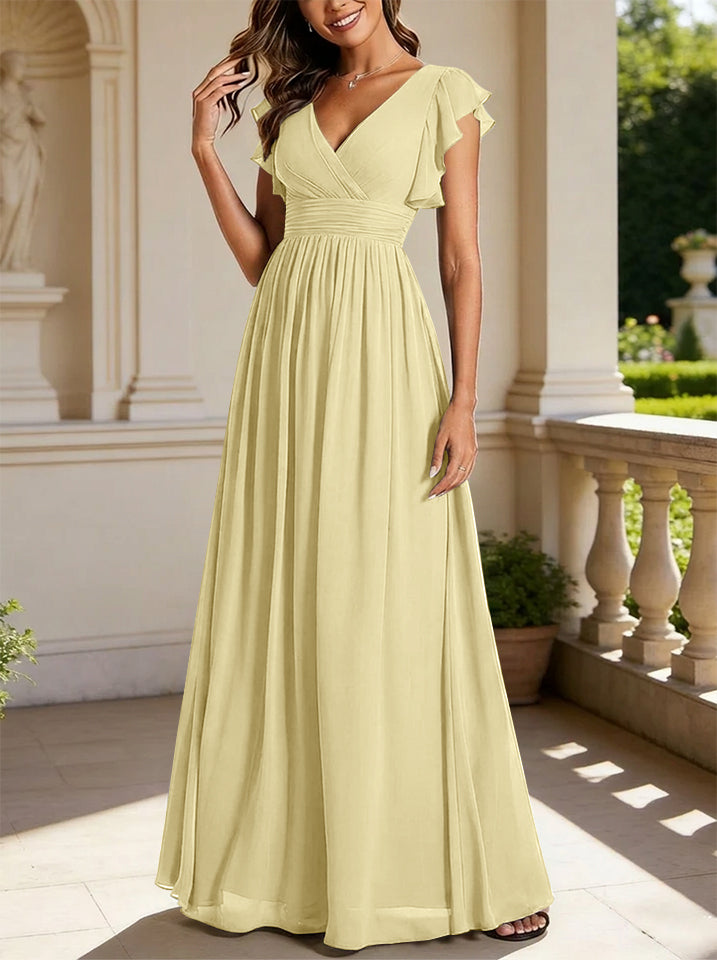 A-Line/Princess Chiffon V-Neck Bridesmaid Dresses with Ruffles Short Sleeves Floor-Length