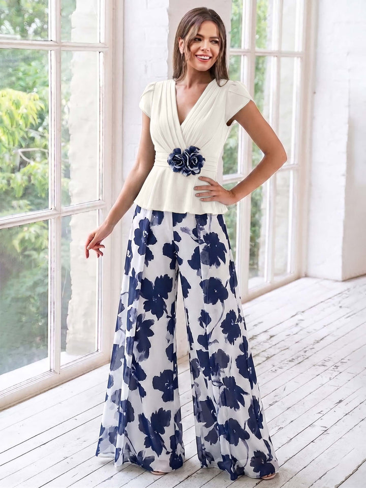 A-Line/Princess V-Neck Short Sleeves Floor-Length Mother of the Bride Floral Jumpsuit