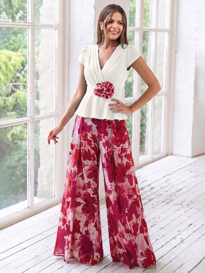A-Line/Princess V-Neck Short Sleeves Floor-Length Mother of the Bride Floral Jumpsuit