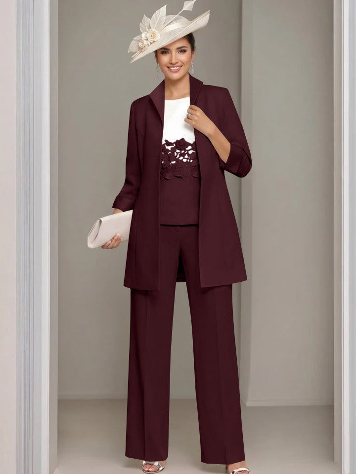 3 Pieces Square-Neck Ankle Length Mother of the Bride Pantsuits with Jacket & Appliques Lace
