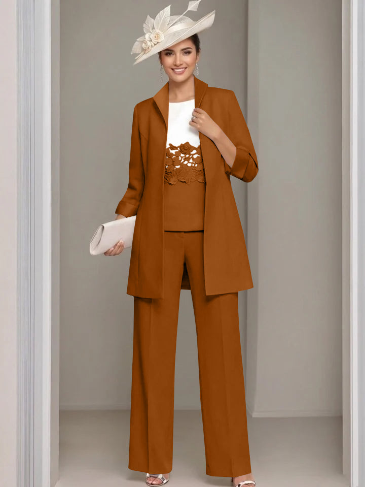 3 Pieces Square-Neck Ankle Length Mother of the Bride Pantsuits with Jacket & Appliques Lace