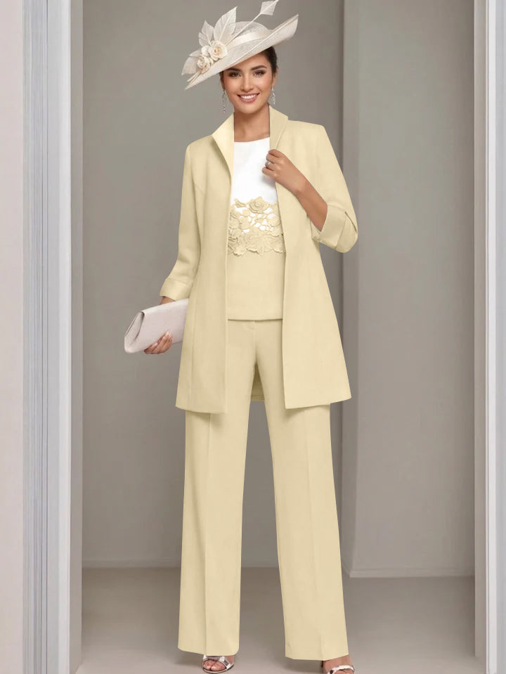 3 Pieces Square-Neck Ankle Length Mother of the Bride Pantsuits with Jacket & Appliques Lace
