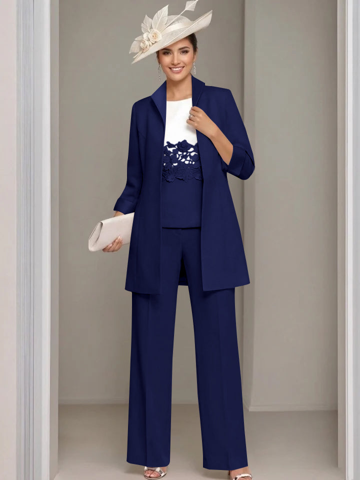 3 Pieces Square-Neck Ankle Length Mother of the Bride Pantsuits with Jacket & Appliques Lace