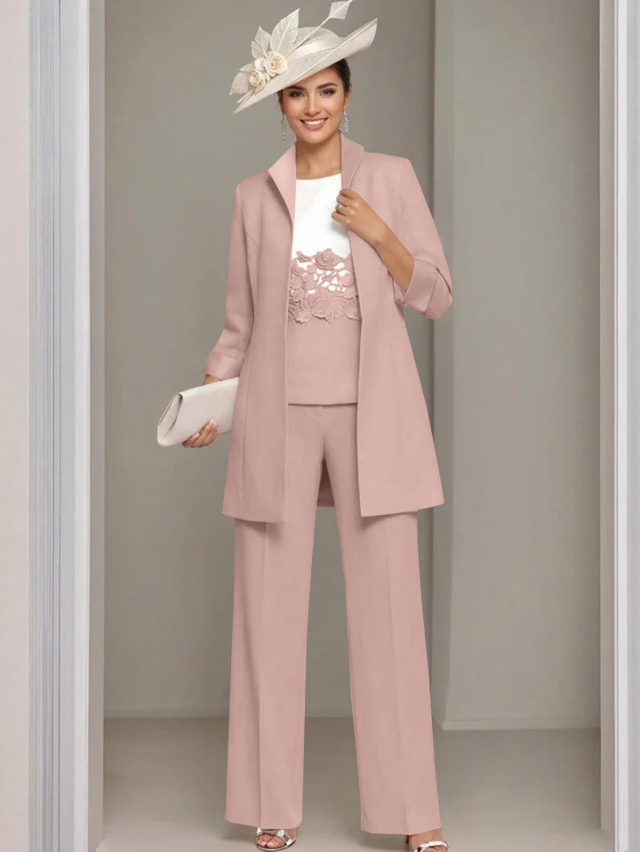 3 Pieces Square-Neck Ankle Length Mother of the Bride Pantsuits with Jacket & Appliques Lace