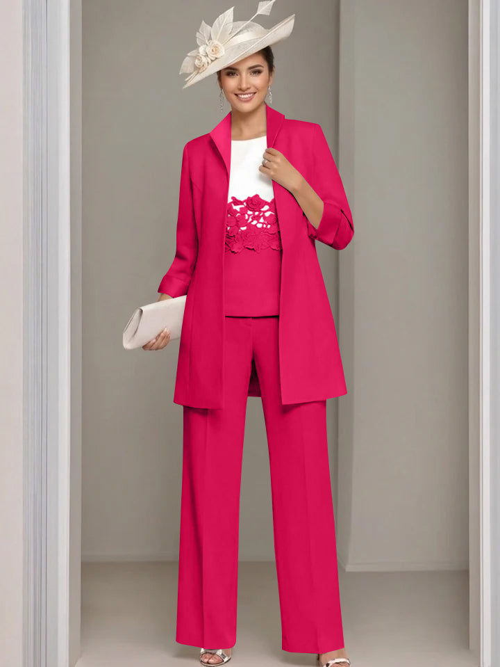3 Pieces Square-Neck Ankle Length Mother of the Bride Pantsuits with Jacket & Appliques Lace