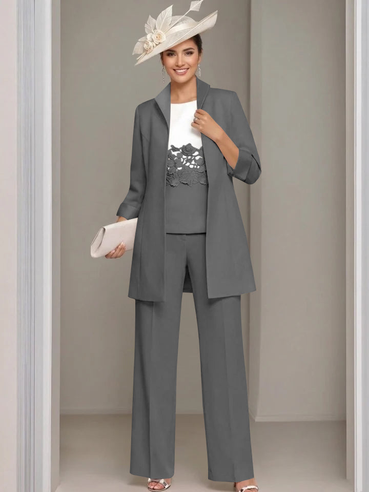 3 Pieces Square-Neck Ankle Length Mother of the Bride Pantsuits with Jacket & Appliques Lace