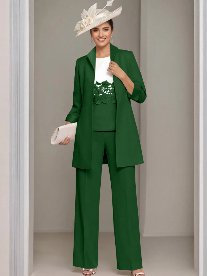 3 Pieces Square-Neck Ankle Length Mother of the Bride Pantsuits with Jacket & Appliques Lace