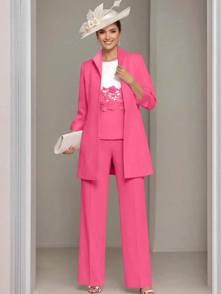 3 Pieces Square-Neck Ankle Length Mother of the Bride Pantsuits with Jacket & Appliques Lace
