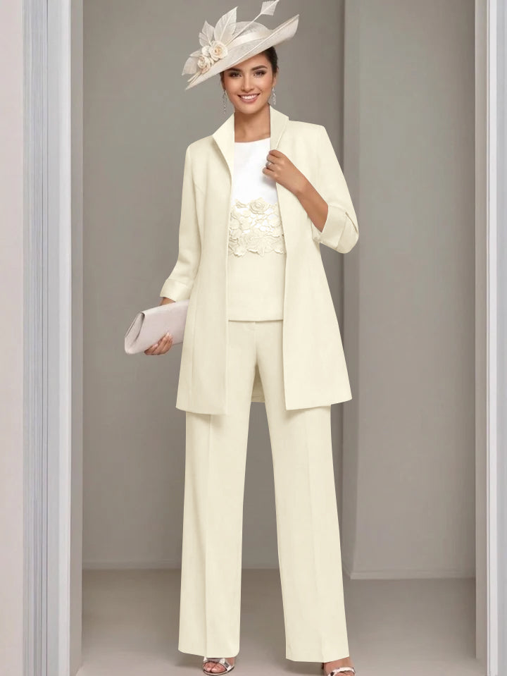 3 Pieces Square-Neck Ankle Length Mother of the Bride Pantsuits with Jacket & Appliques Lace