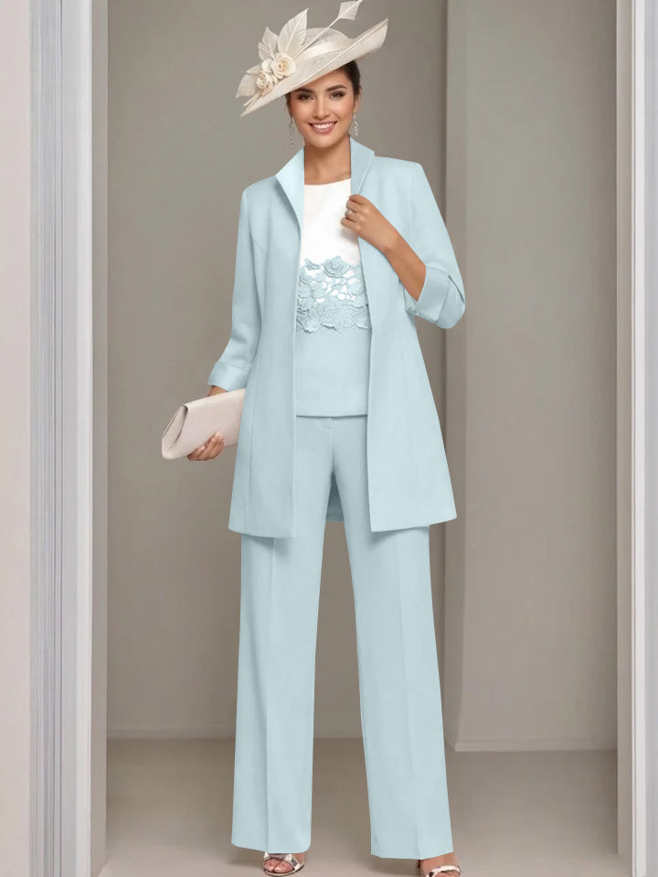 3 Pieces Square-Neck Ankle Length Mother of the Bride Pantsuits with Jacket & Appliques Lace