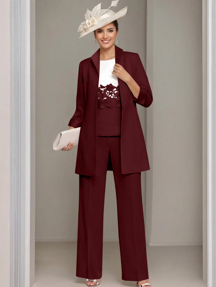 3 Pieces Square-Neck Ankle Length Mother of the Bride Pantsuits with Jacket & Appliques Lace