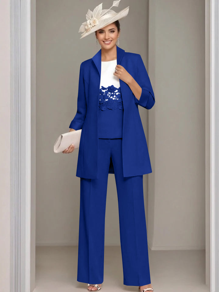 3 Pieces Square-Neck Ankle Length Mother of the Bride Pantsuits with Jacket & Appliques Lace