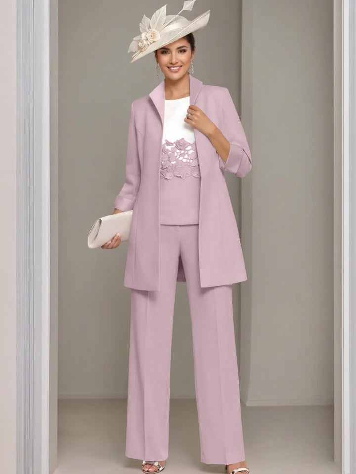 3 Pieces Square-Neck Ankle Length Mother of the Bride Pantsuits with Jacket & Appliques Lace