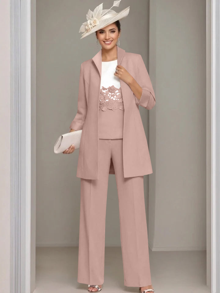 3 Pieces Square-Neck Ankle Length Mother of the Bride Pantsuits with Jacket & Appliques Lace