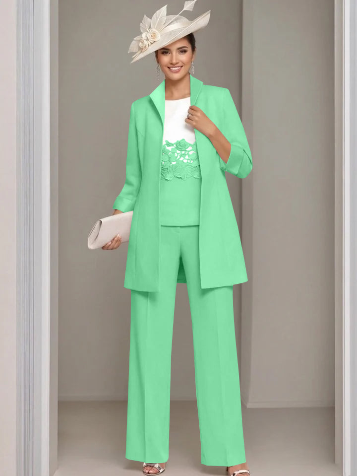 3 Pieces Square-Neck Ankle Length Mother of the Bride Pantsuits with Jacket & Appliques Lace