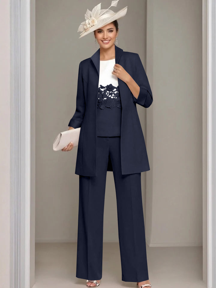 3 Pieces Square-Neck Ankle Length Mother of the Bride Pantsuits with Jacket & Appliques Lace