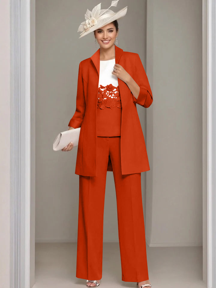 3 Pieces Square-Neck Ankle Length Mother of the Bride Pantsuits with Jacket & Appliques Lace