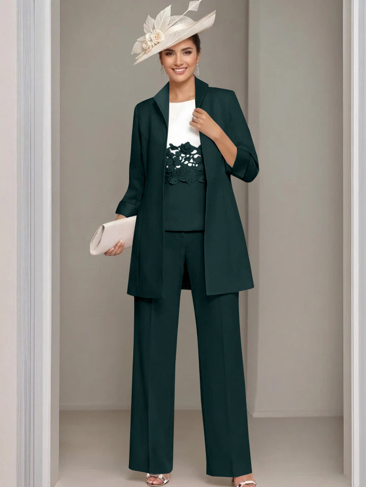 3 Pieces Square-Neck Ankle Length Mother of the Bride Pantsuits with Jacket & Appliques Lace