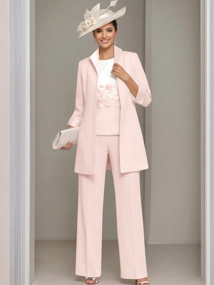 3 Pieces Square-Neck Ankle Length Mother of the Bride Pantsuits with Jacket & Appliques Lace