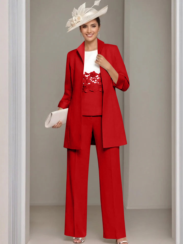 3 Pieces Square-Neck Ankle Length Mother of the Bride Pantsuits with Jacket & Appliques Lace