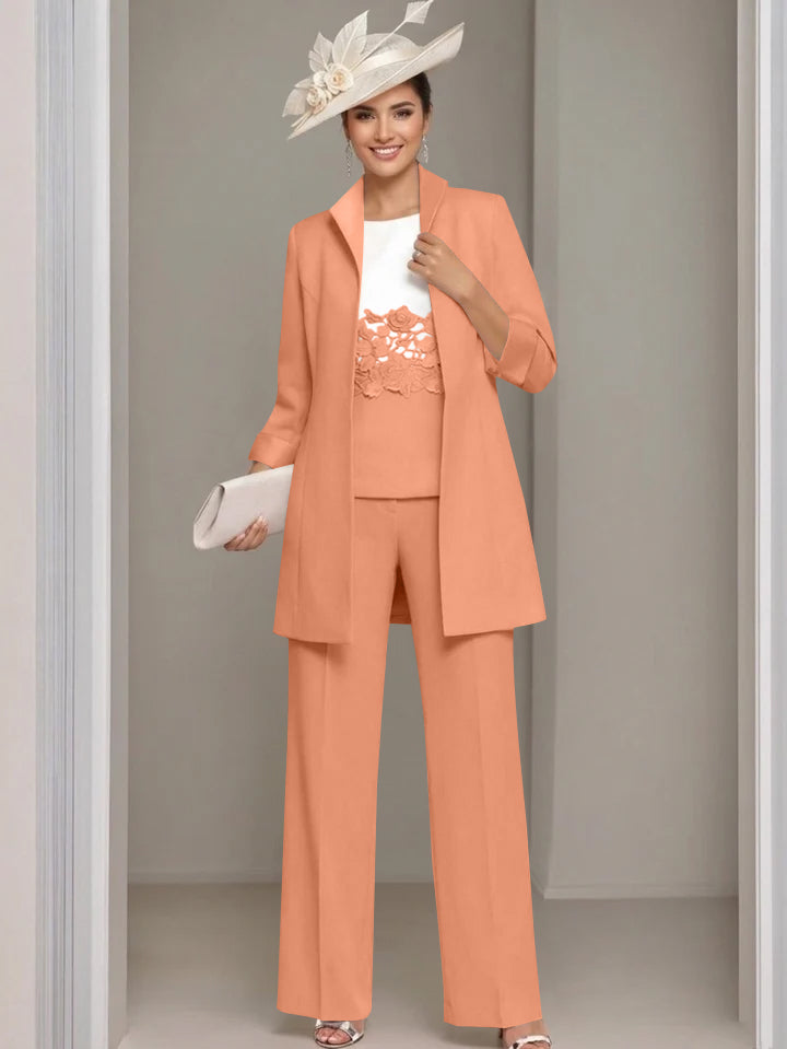 3 Pieces Square-Neck Ankle Length Mother of the Bride Pantsuits with Jacket & Appliques Lace