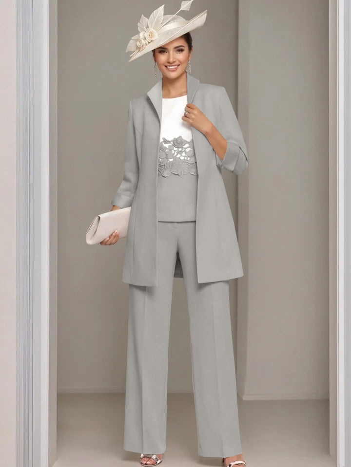 3 Pieces Square-Neck Ankle Length Mother of the Bride Pantsuits with Jacket & Appliques Lace